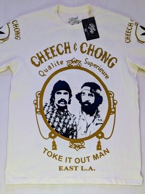 Cheech & Chong Toke It Out Man Graphic T-Shirt Gold Print Tee NWT Men's Size L